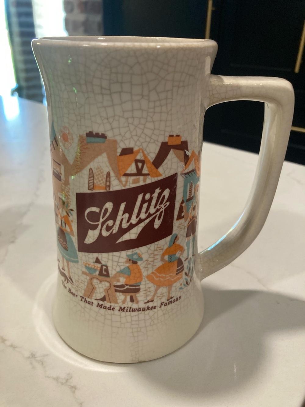Schlitz White Ceramic Mug with Vintage Village Design